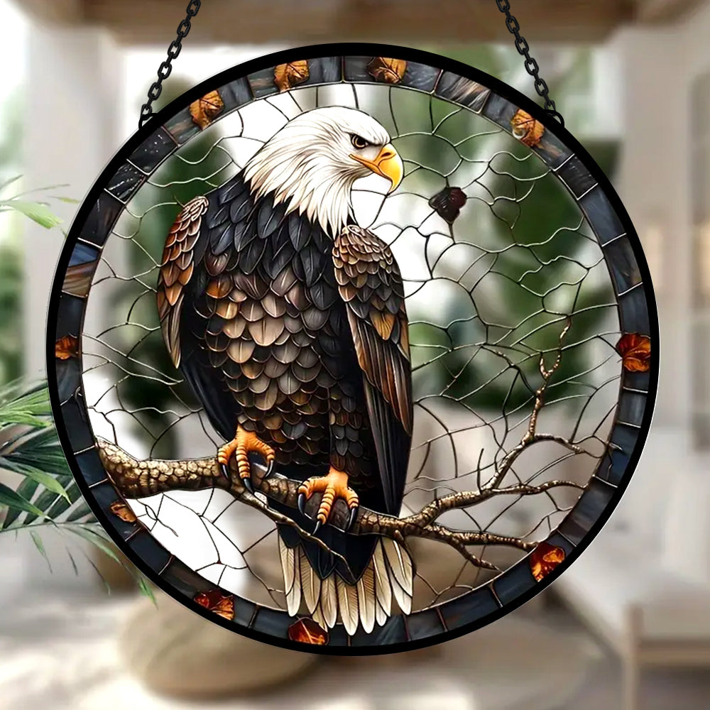Bald eagle perched stained glass suncatcher window hanging, suitable for home and garden decoration