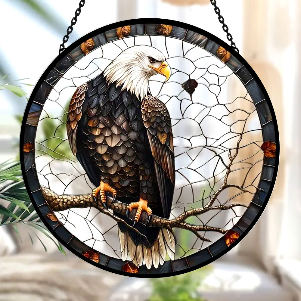 Bald eagle perched stained glass suncatcher window hanging, suitable for home and garden decoration
