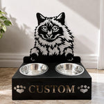 Personalized balinese cat metal cat bowl stand with custom name cutout and two removable feeding bowls