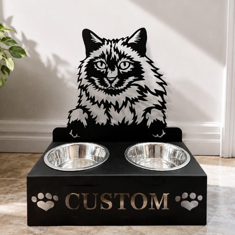 Personalized balinese cat metal cat bowl stand with custom name cutout and two removable feeding bowls