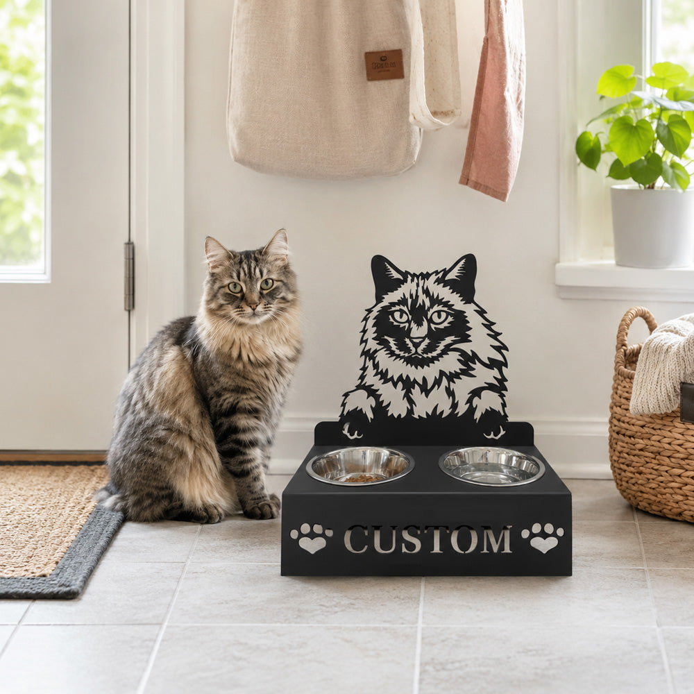 Personalized balinese cat metal cat bowl stand with custom name cutout and two removable feeding bowls
