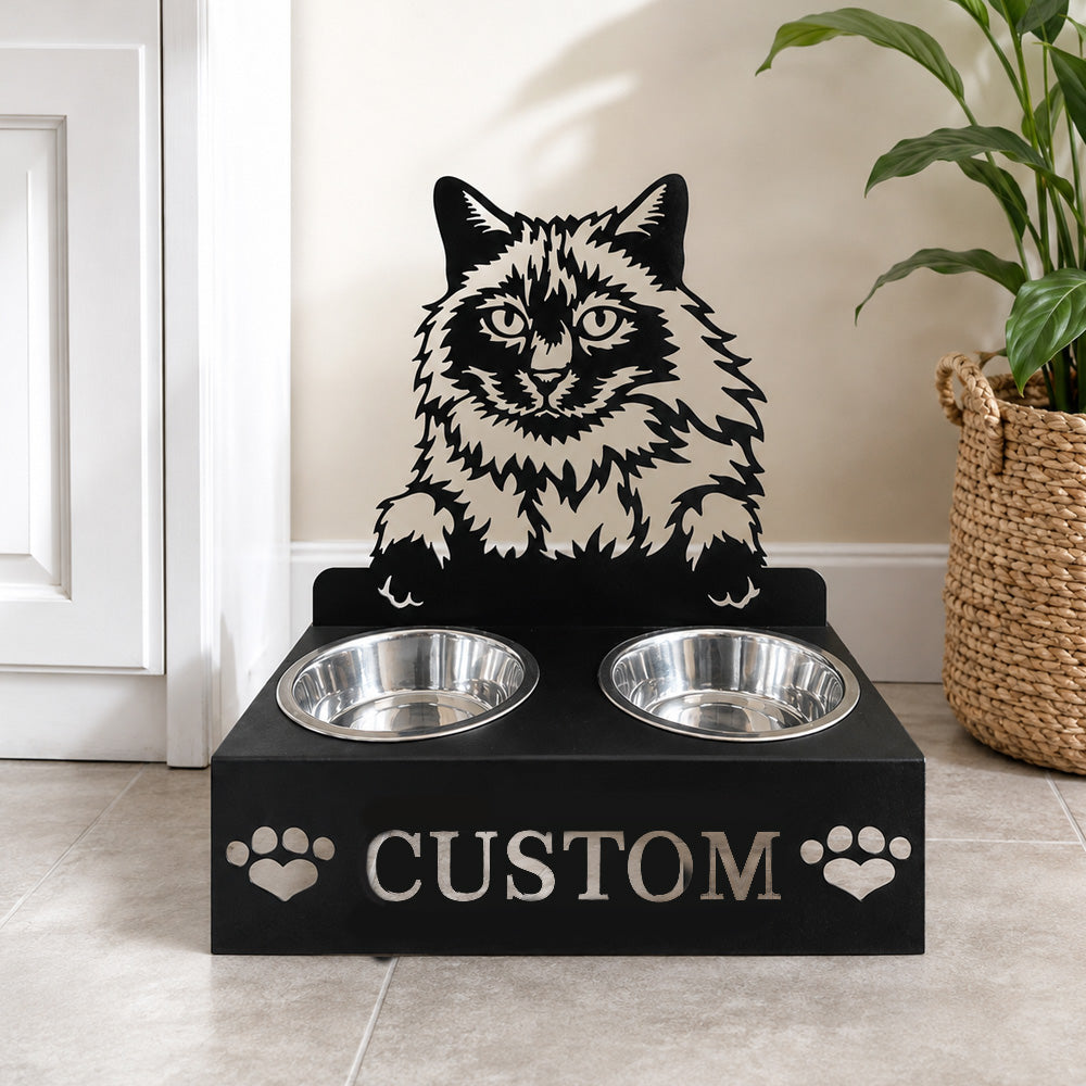 Personalized balinese cat metal cat bowl stand with custom name cutout and two removable feeding bowls