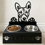 Personalized basenji metal dog bowl stand with custom name cutout and two removable feeding bowls