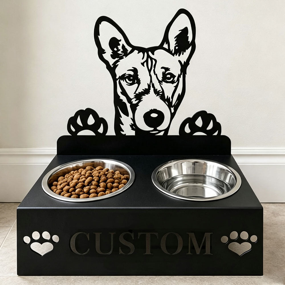 Personalized basenji metal dog bowl stand with custom name cutout and two removable feeding bowls
