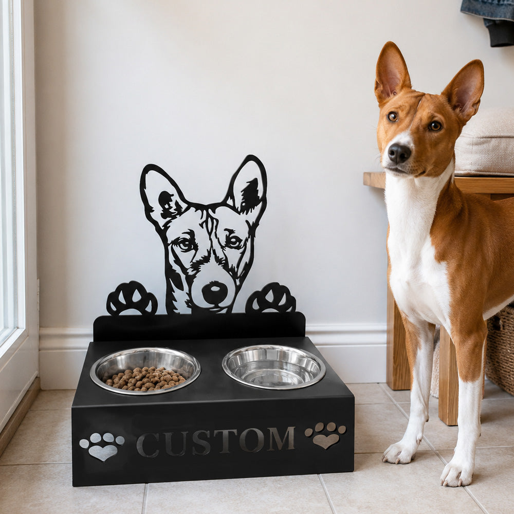 Personalized basenji metal dog bowl stand with custom name cutout and two removable feeding bowls