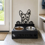 Personalized basenji metal dog bowl stand with custom name cutout and two removable feeding bowls