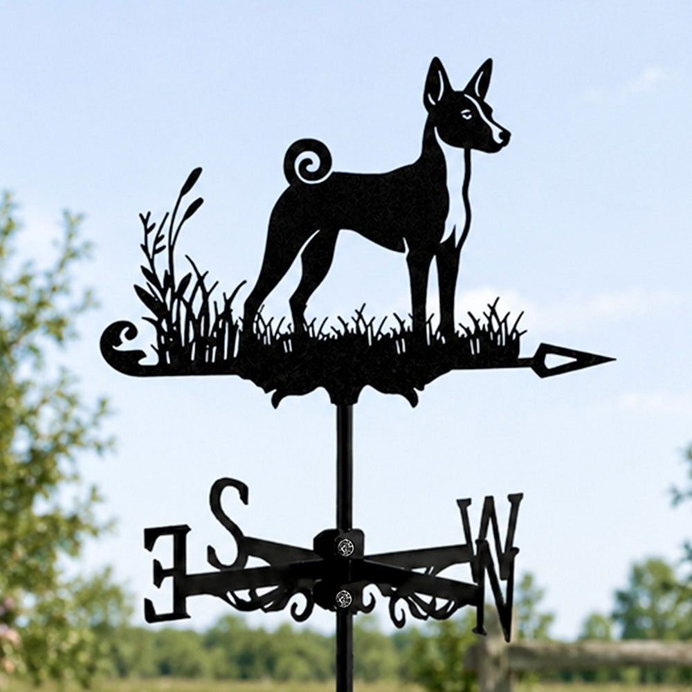Basenji metal weather vane with directional arrows and mounting rod, outdoor roof and garden decoration