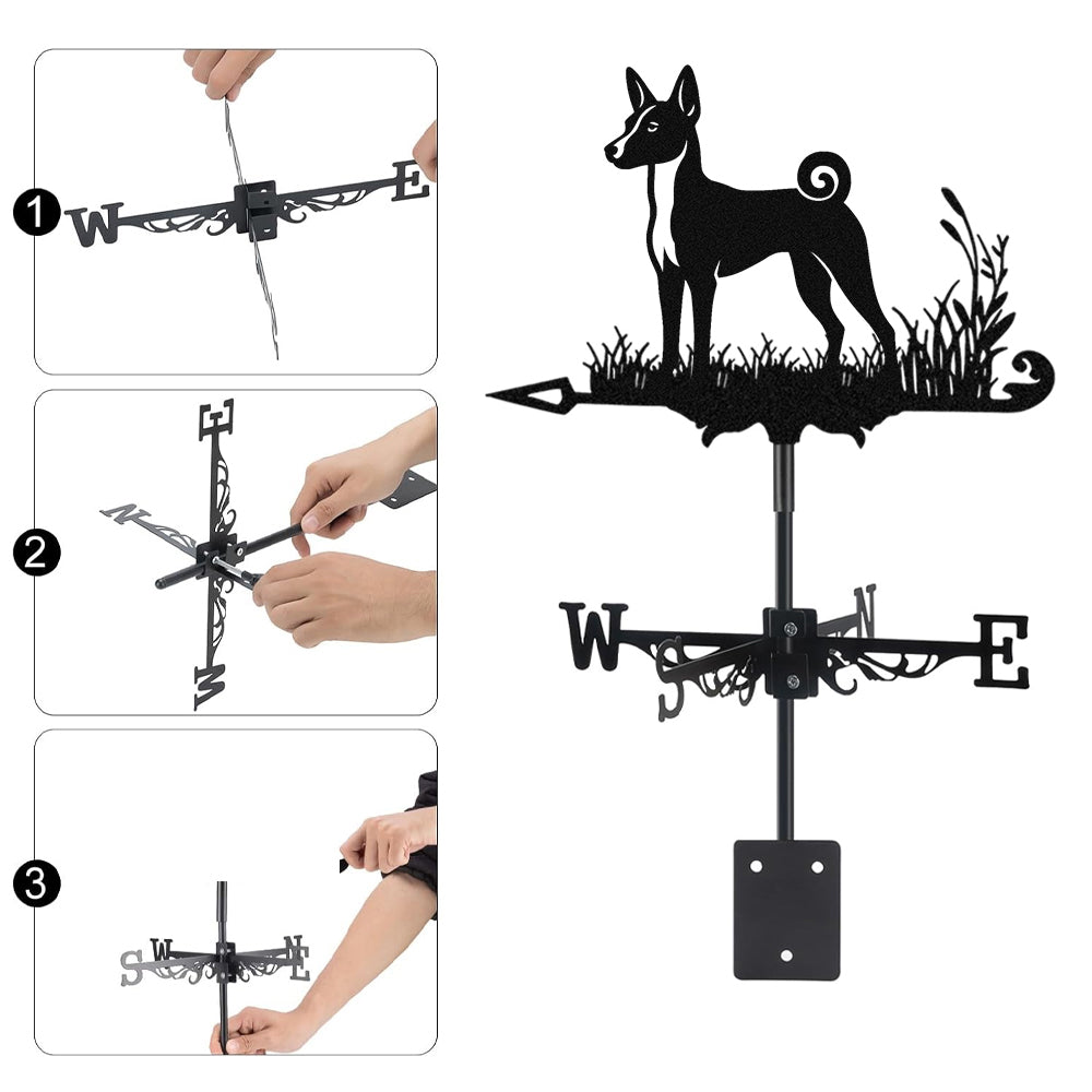 Basenji metal weather vane with directional arrows and mounting rod, outdoor roof and garden decoration