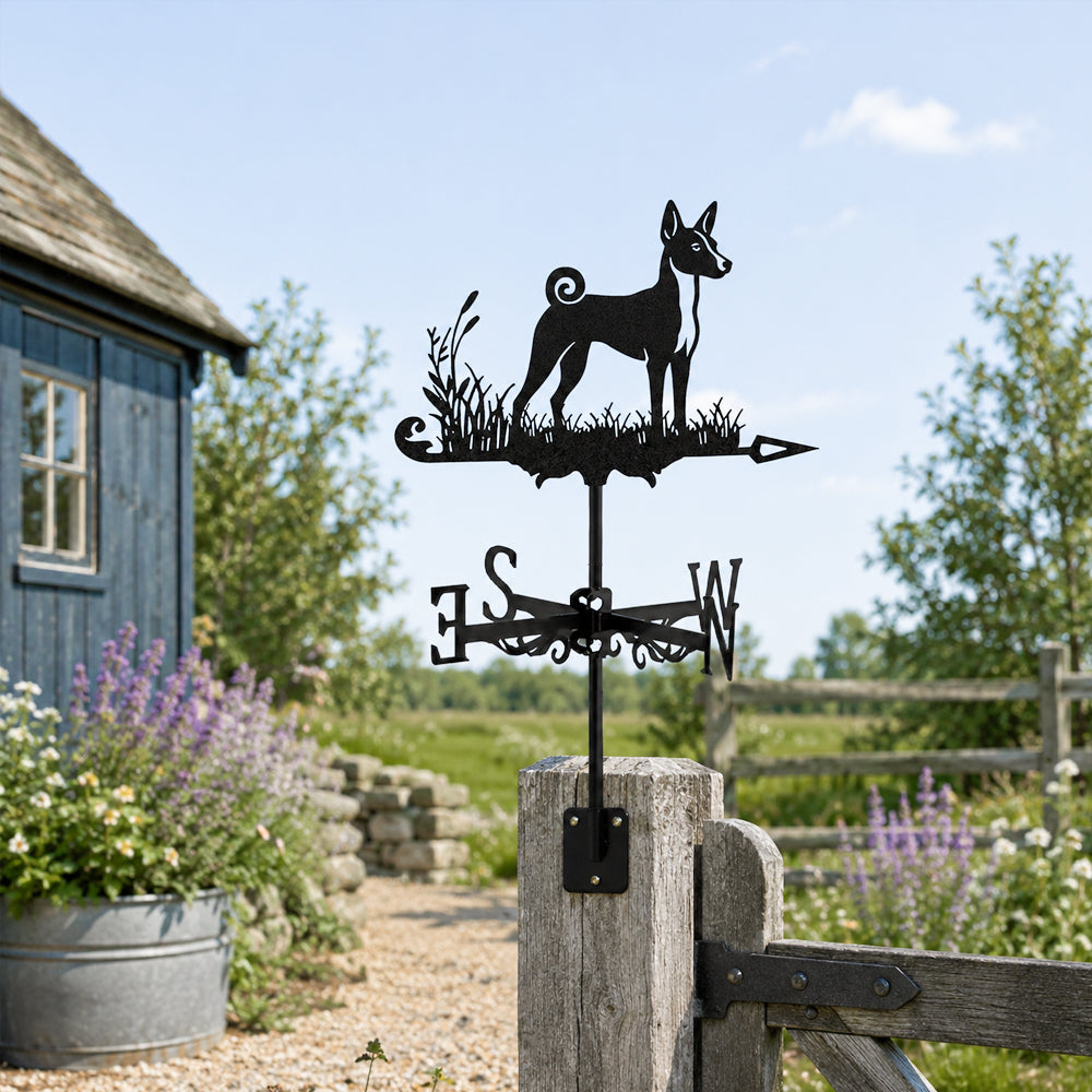 Basenji metal weather vane with directional arrows and mounting rod, outdoor roof and garden decoration