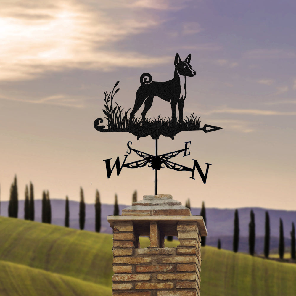 Basenji metal weather vane with directional arrows and mounting rod, outdoor roof and garden decoration