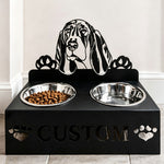 Personalized basset hound metal dog bowl stand with custom name cutout and two removable feeding bowls