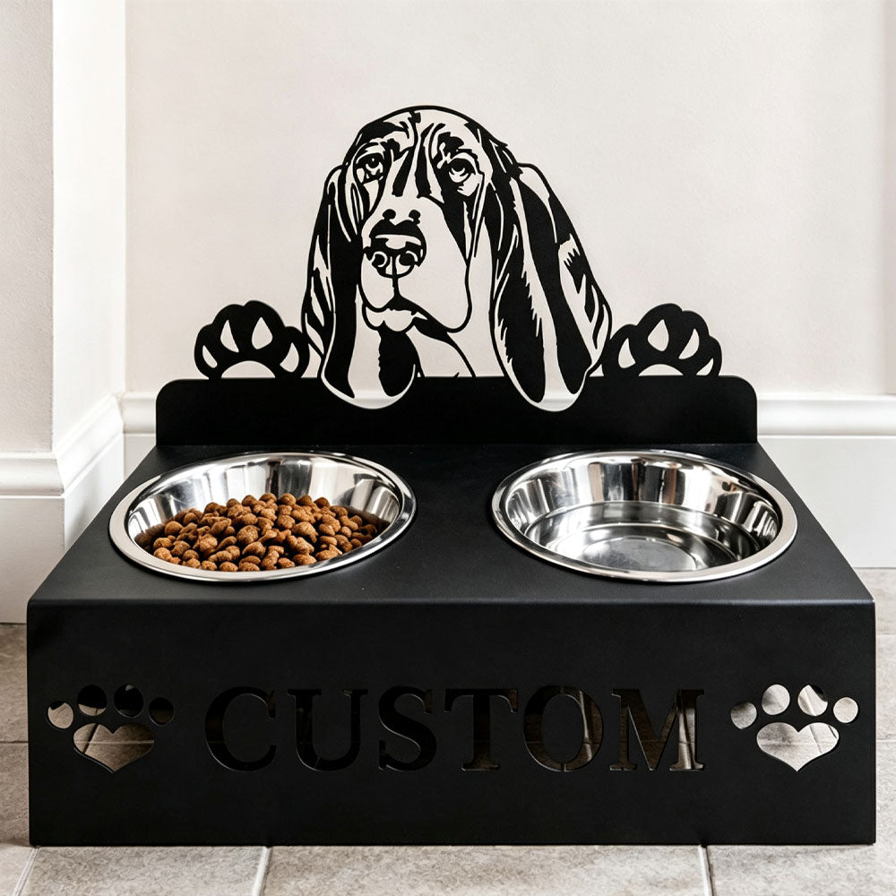 Personalized basset hound metal dog bowl stand with custom name cutout and two removable feeding bowls