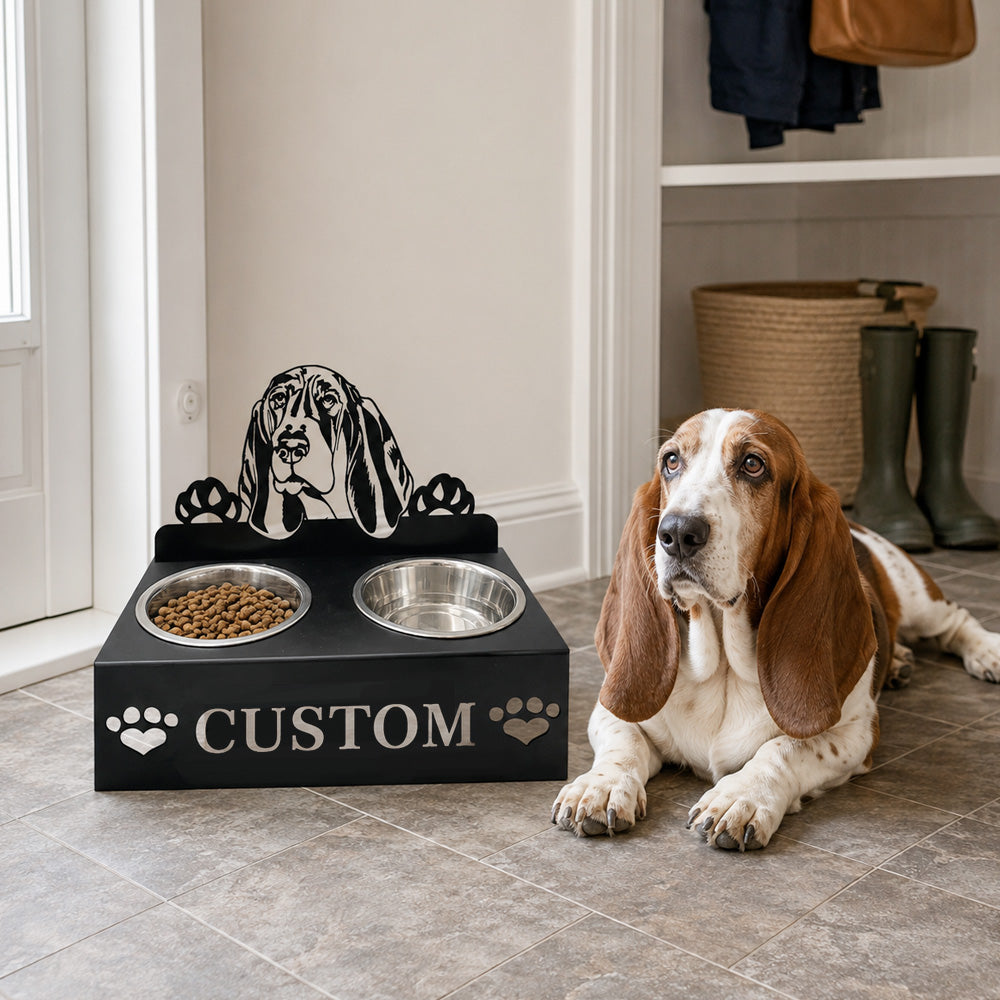 Personalized basset hound metal dog bowl stand with custom name cutout and two removable feeding bowls