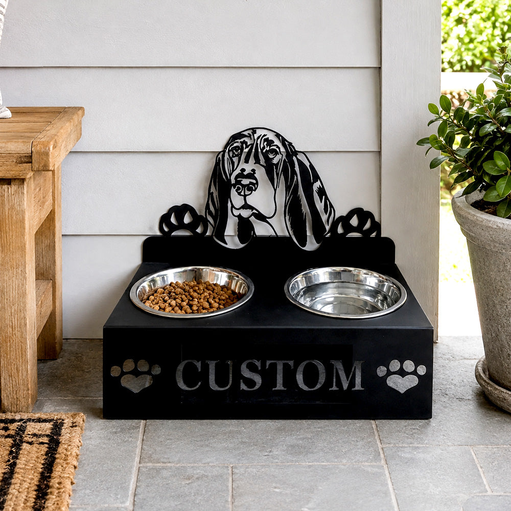 Personalized basset hound metal dog bowl stand with custom name cutout and two removable feeding bowls
