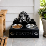 Personalized basset hound metal dog bowl stand with custom name cutout and two removable feeding bowls