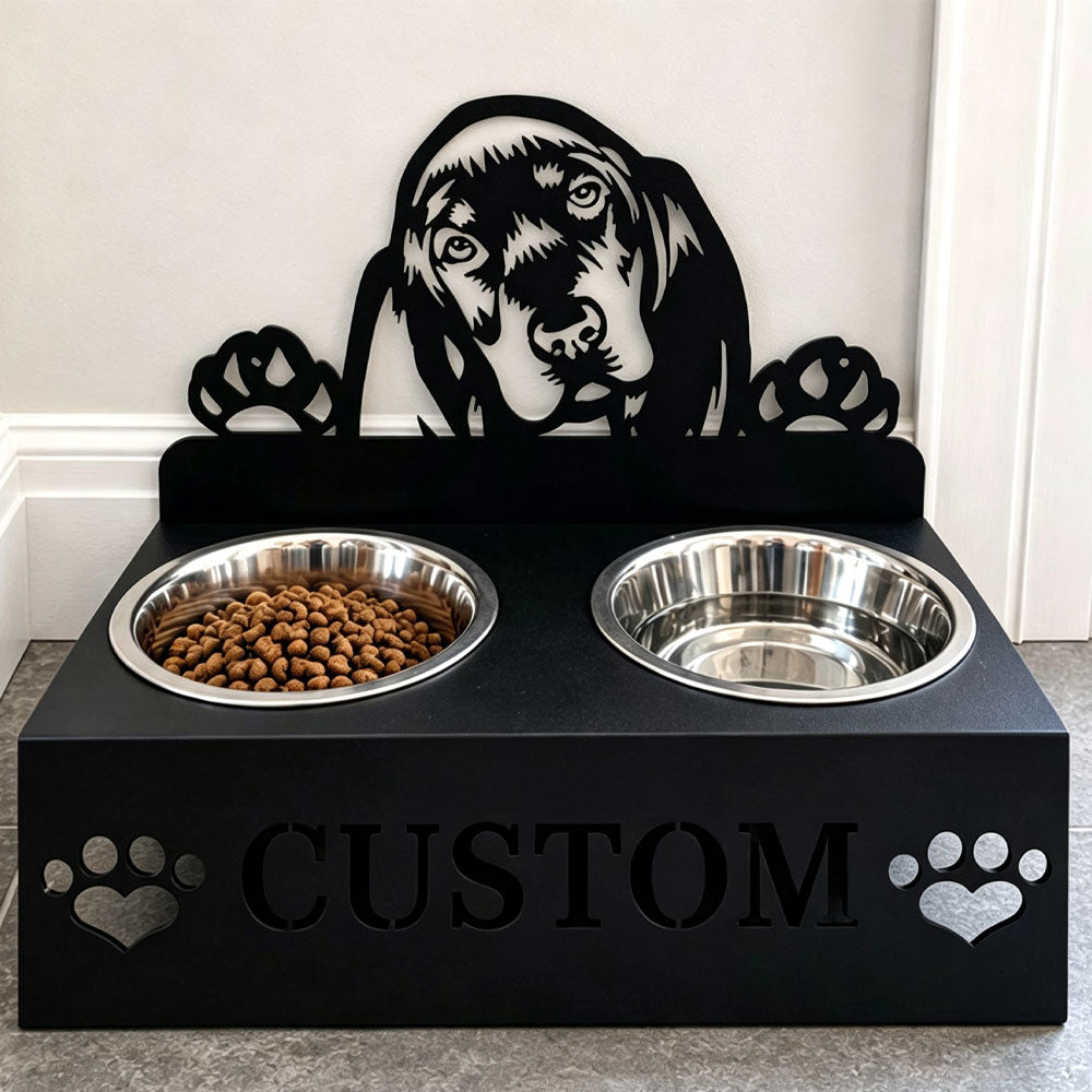 Personalized basset hound metal dog bowl stand with custom name cutout and two removable feeding bowls