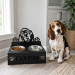 Personalized basset hound metal dog bowl stand with custom name cutout and two removable feeding bowls