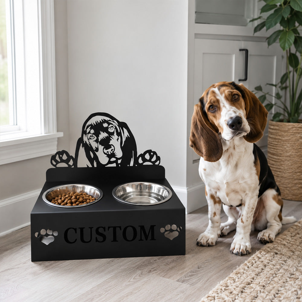 Personalized basset hound metal dog bowl stand with custom name cutout and two removable feeding bowls