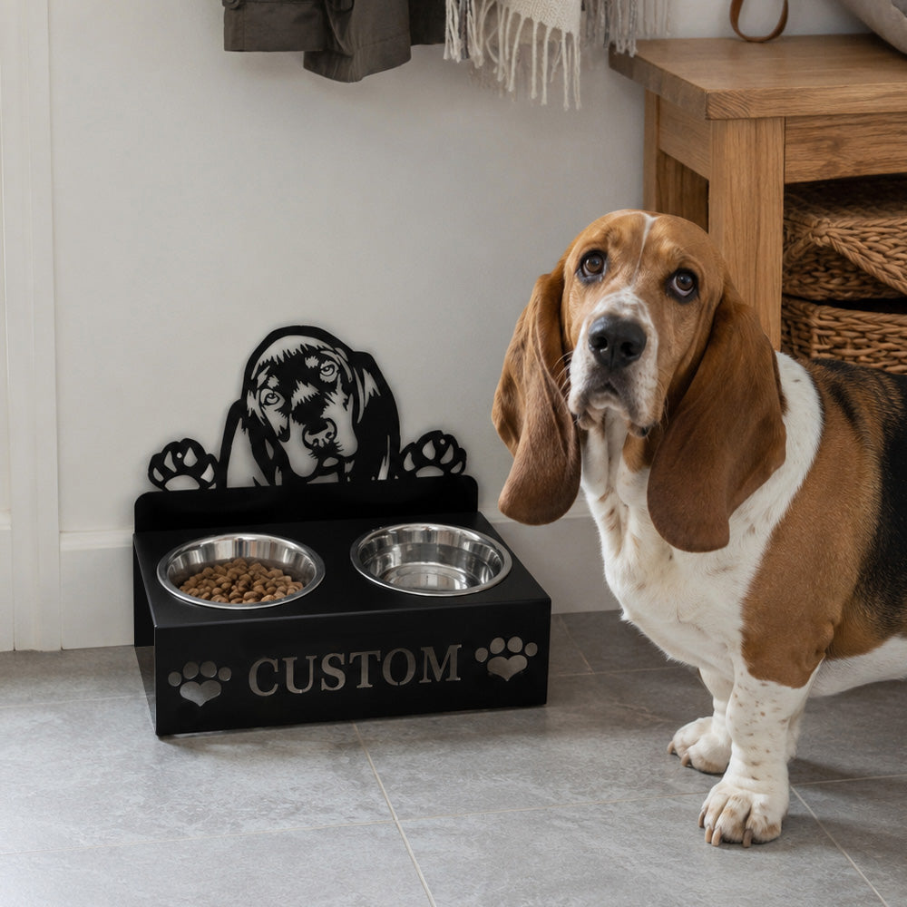 Personalized basset hound metal dog bowl stand with custom name cutout and two removable feeding bowls