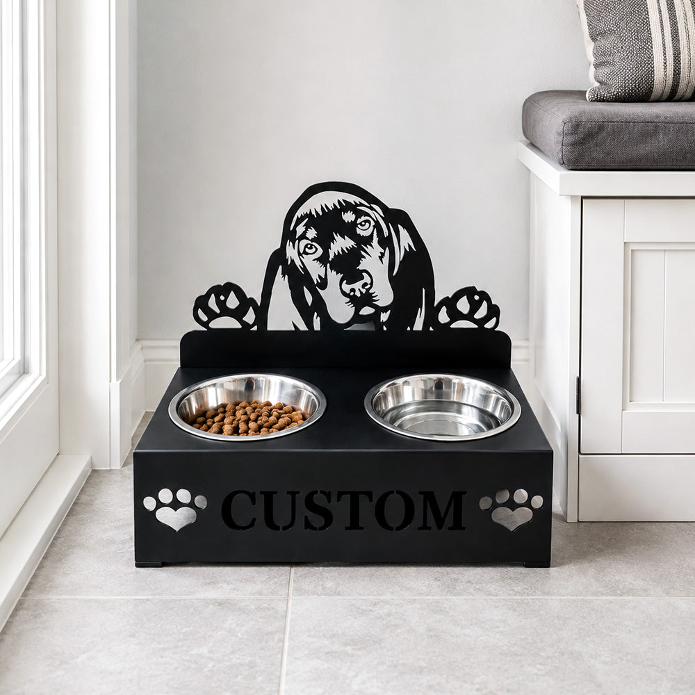 Personalized basset hound metal dog bowl stand with custom name cutout and two removable feeding bowls
