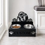 Personalized basset hound metal dog bowl stand with custom name cutout and two removable feeding bowls
