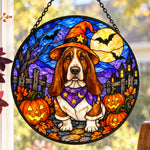 Basset Hound Halloween stained glass suncatcher window hanging, suitable for home and garden decoration