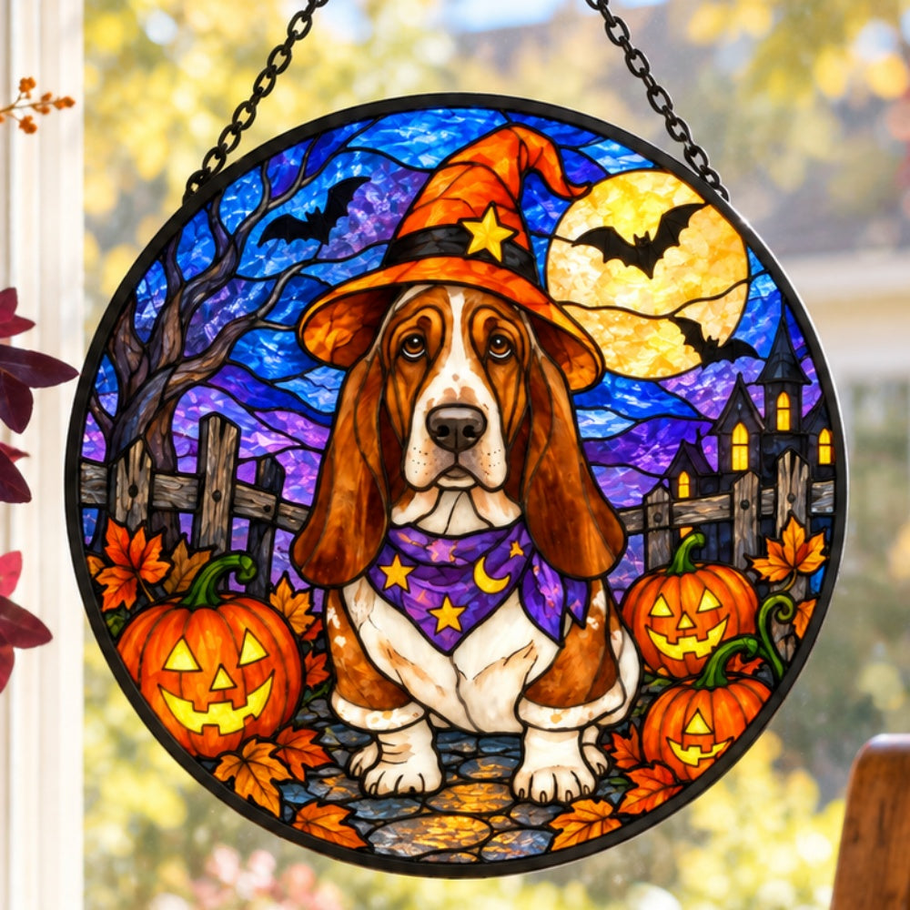 Basset Hound Halloween stained glass suncatcher window hanging, suitable for home and garden decoration