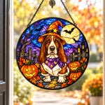 Basset Hound Halloween stained glass suncatcher window hanging, suitable for home and garden decoration
