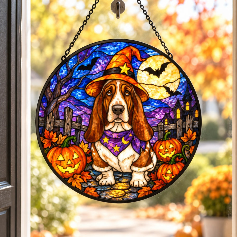 Basset Hound Halloween stained glass suncatcher window hanging, suitable for home and garden decoration