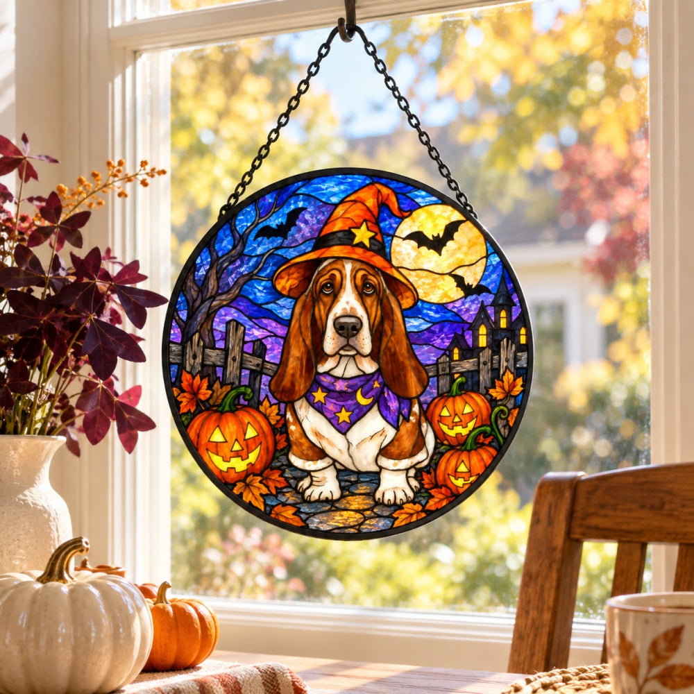Basset Hound Halloween stained glass suncatcher window hanging, suitable for home and garden decoration