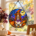 Basset Hound Halloween stained glass suncatcher window hanging, suitable for home and garden decoration