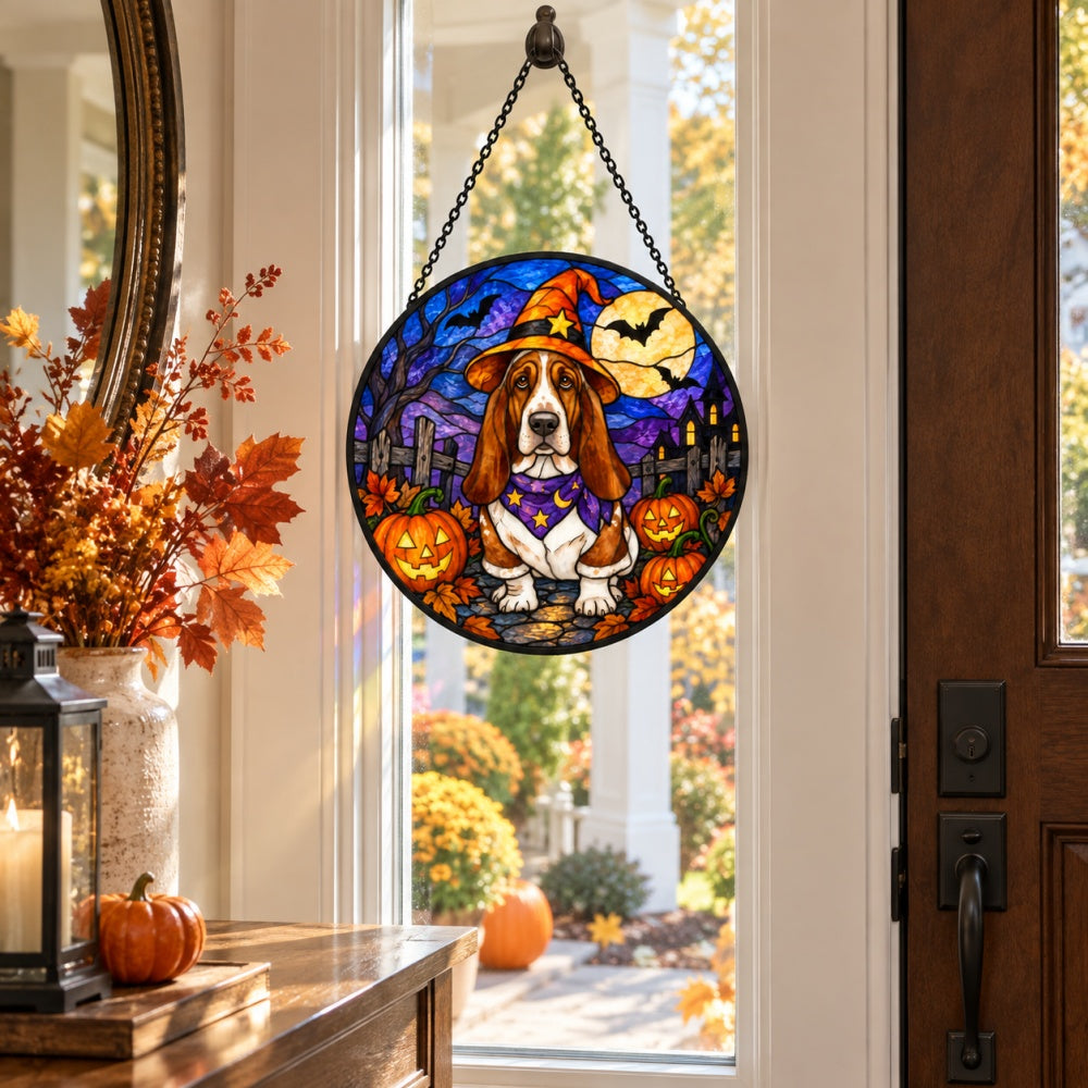 Basset Hound Halloween stained glass suncatcher window hanging, suitable for home and garden decoration