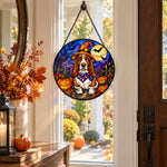 Basset Hound Halloween stained glass suncatcher window hanging, suitable for home and garden decoration
