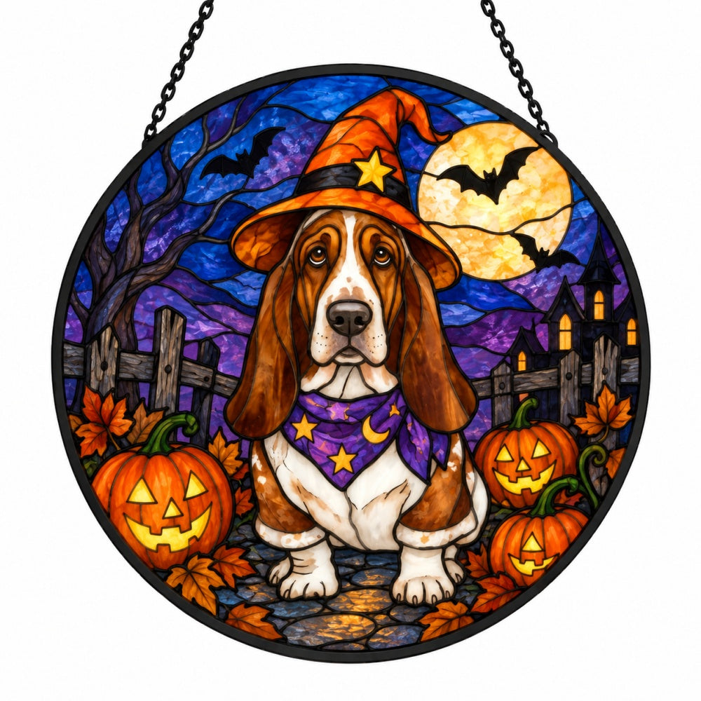 Basset Hound Halloween stained glass suncatcher window hanging, suitable for home and garden decoration
