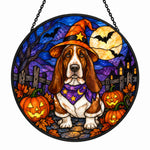 Basset Hound Halloween stained glass suncatcher window hanging, suitable for home and garden decoration