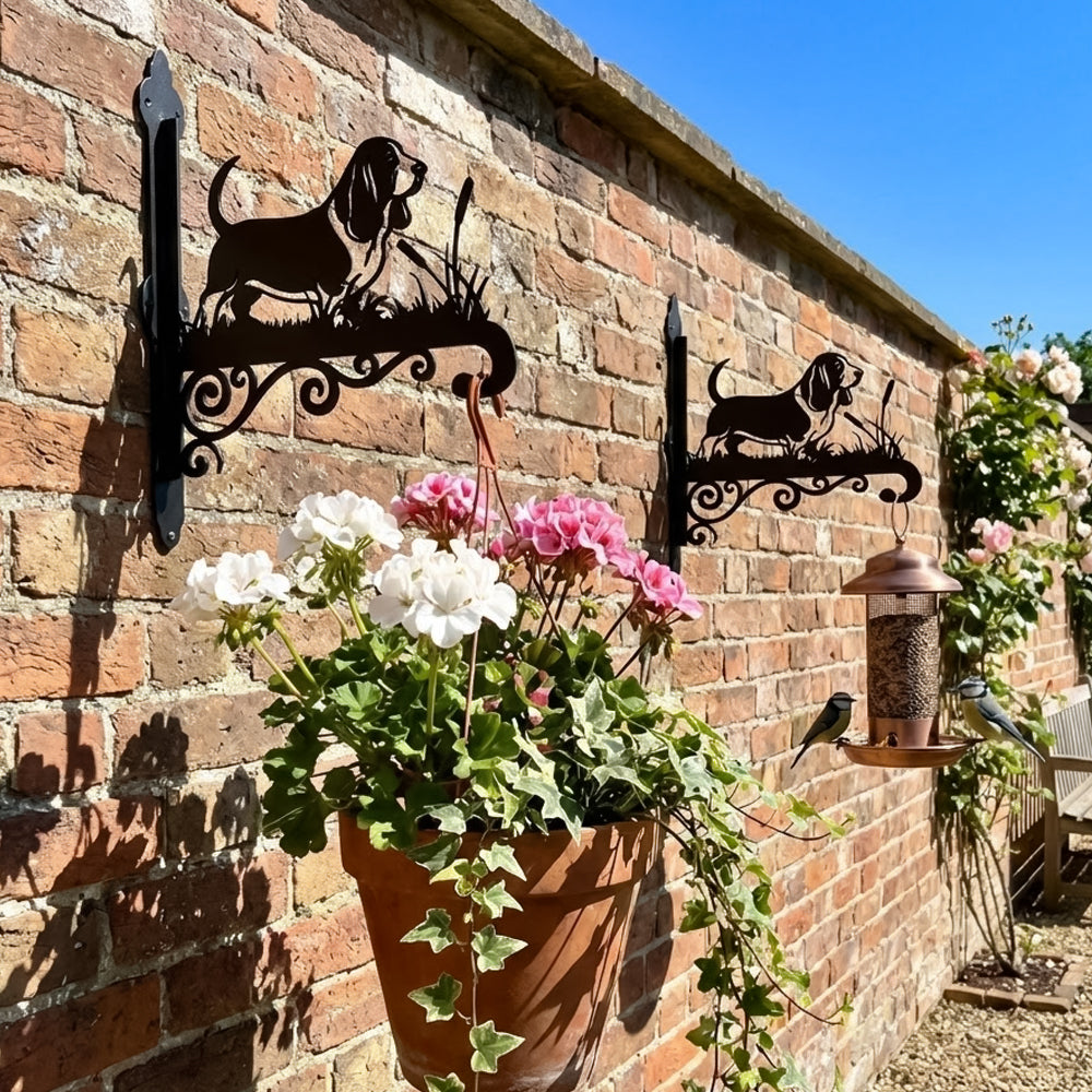 Basset hound metal hanging basket bracket mounted on outdoor wall for plant decoration