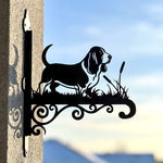 Basset hound metal hanging basket bracket mounted on outdoor wall for plant decoration