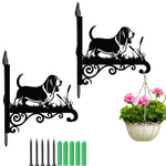 Basset hound metal hanging basket bracket mounted on outdoor wall for plant decoration