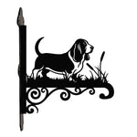 Basset hound metal hanging basket bracket mounted on outdoor wall for plant decoration