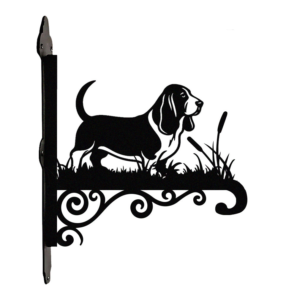 Basset hound metal hanging basket bracket mounted on outdoor wall for plant decoration