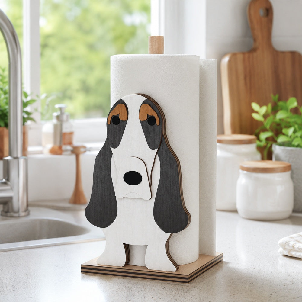 Basset Hound Wooden Dog Paper Towel Holder displayed on a kitchen countertop with a freestanding paper towel roll