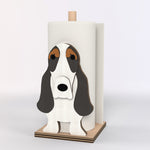 Basset Hound Wooden Dog Paper Towel Holder displayed on a kitchen countertop with a freestanding paper towel roll