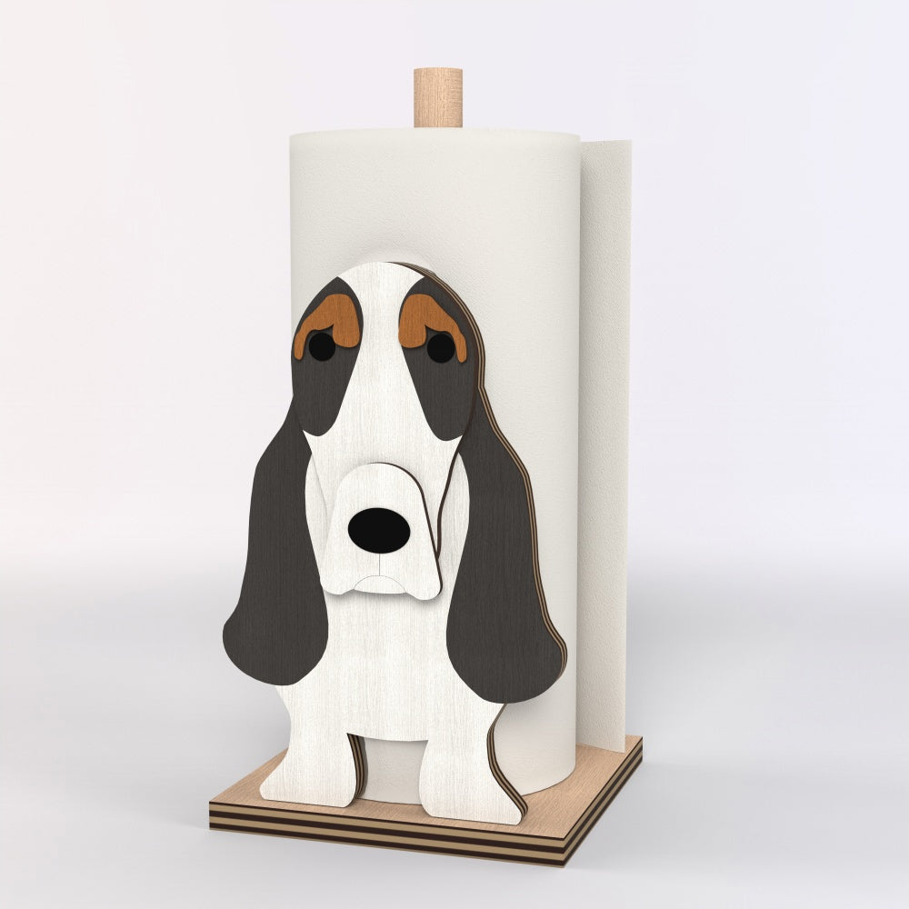 Basset Hound Wooden Dog Paper Towel Holder displayed on a kitchen countertop with a freestanding paper towel roll