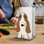 Basset Hound Wooden Dog Paper Towel Holder displayed on a kitchen countertop with a freestanding paper towel roll