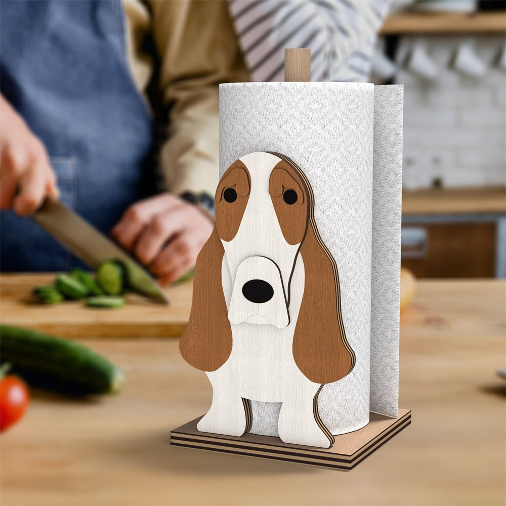 Basset Hound Wooden Dog Paper Towel Holder displayed on a kitchen countertop with a freestanding paper towel roll