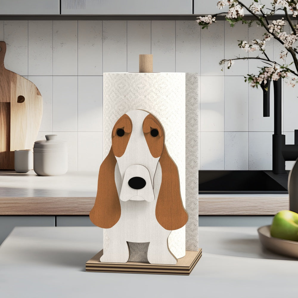 Basset Hound Wooden Dog Paper Towel Holder displayed on a kitchen countertop with a freestanding paper towel roll