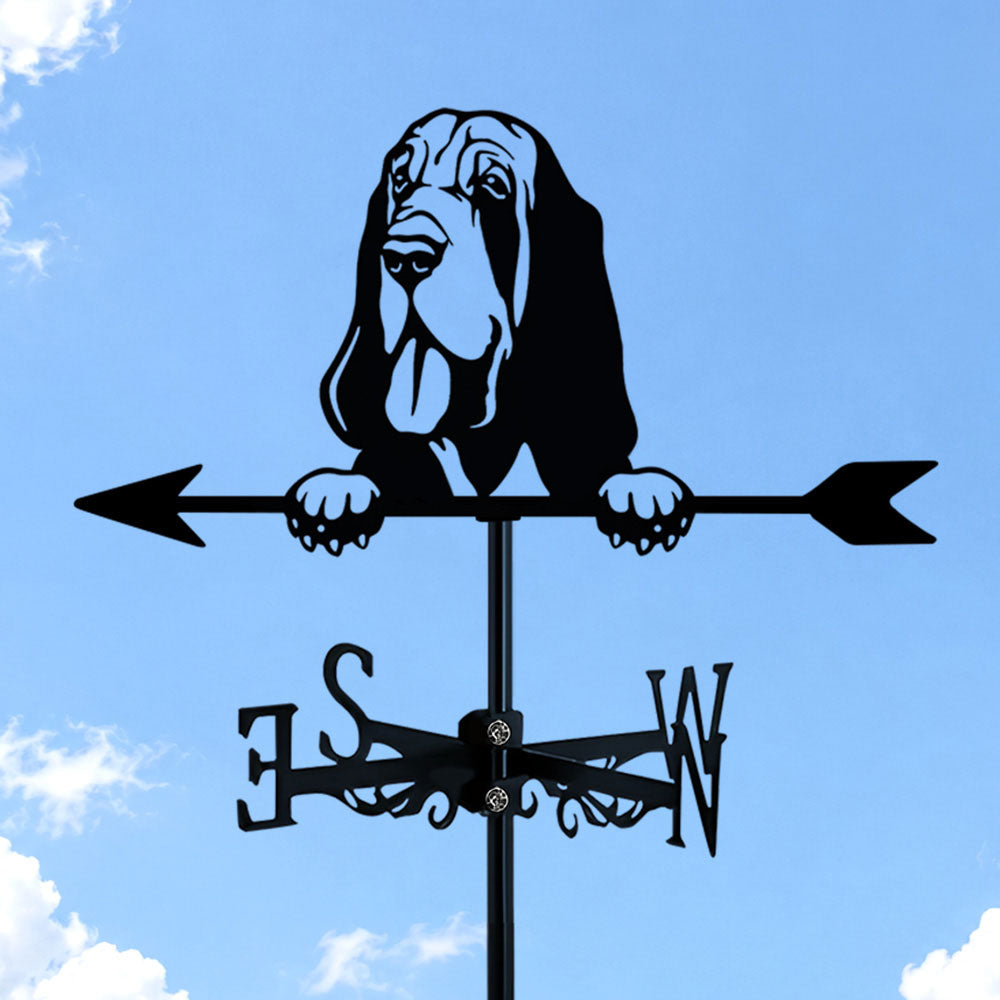 Basset Hound metal weather vane with directional arrows and mounting rod, outdoor roof and garden decoration