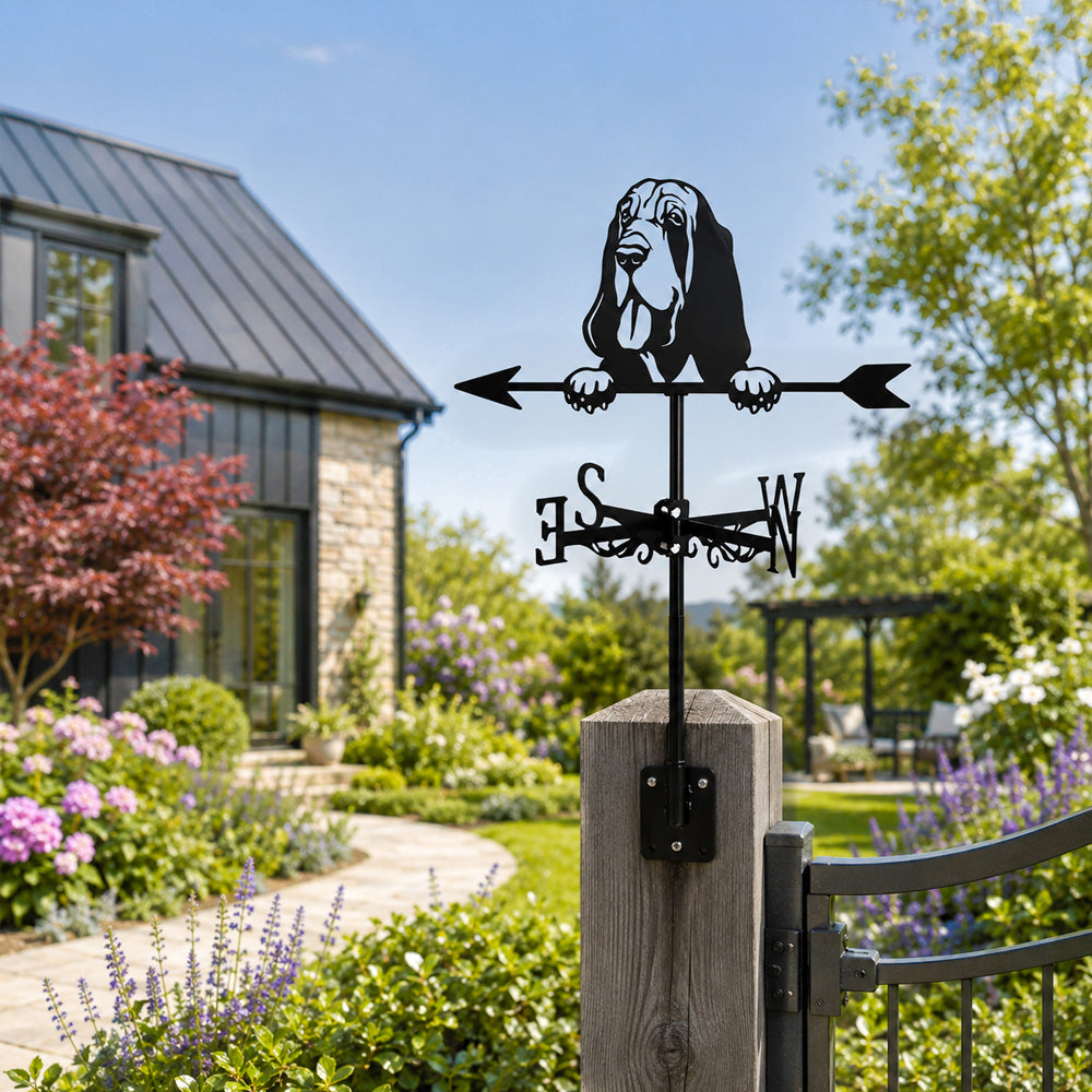 Basset Hound metal weather vane with directional arrows and mounting rod, outdoor roof and garden decoration