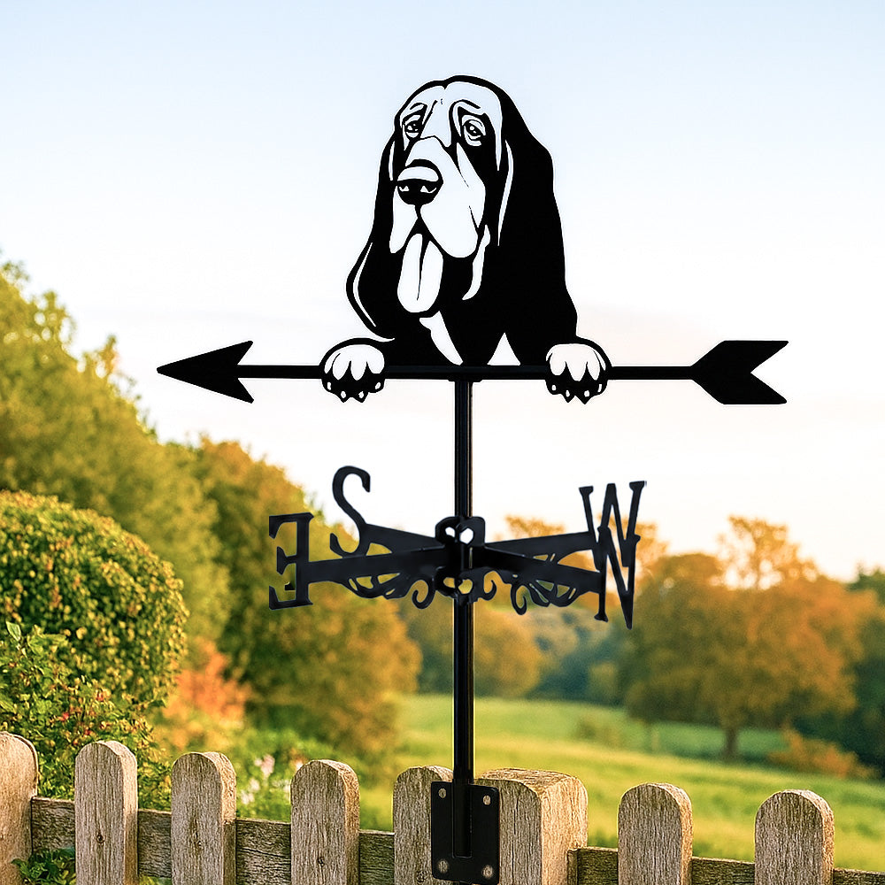 Basset Hound metal weather vane with directional arrows and mounting rod, outdoor roof and garden decoration