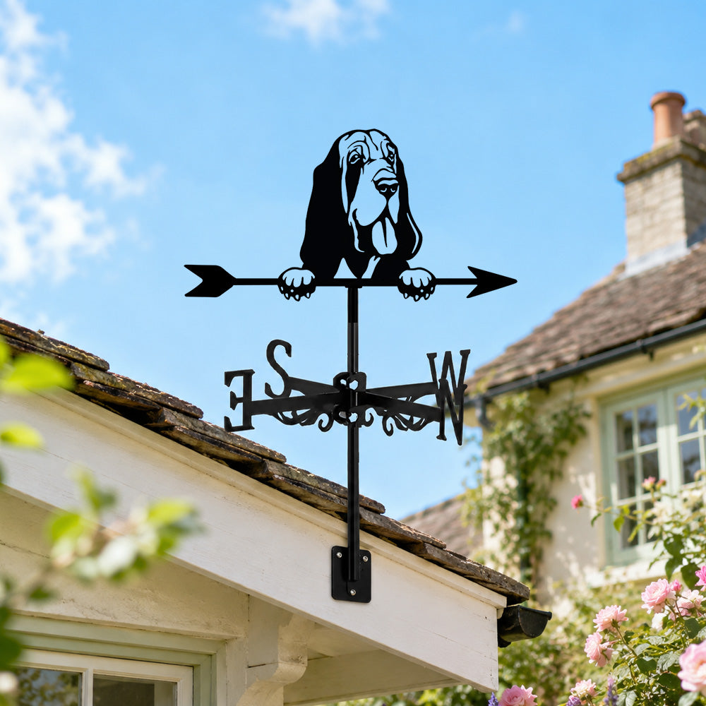 Basset Hound metal weather vane with directional arrows and mounting rod, outdoor roof and garden decoration